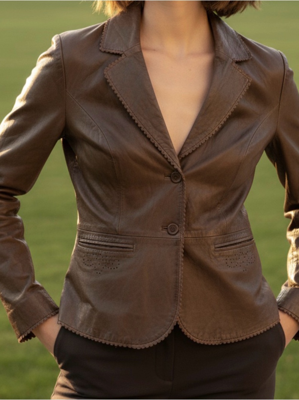 Vintage Soft Leather Tailored Blazer with Notched Lapels